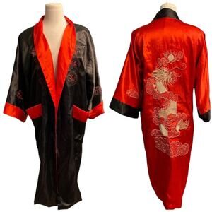 EUC Reversible Embroidered Japanese Kimono Sleepwear Robe Black Red One Size